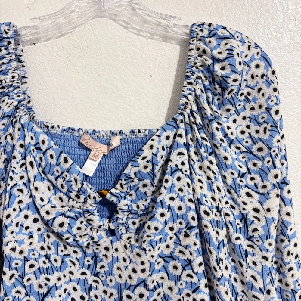 Anthropologie Hutch Cut-Out Puff Sleeve Blouse in Blue & White Floral‎